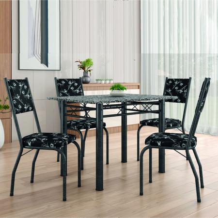Imagem de Conjunto Sala De Jantar Mesa Tampo Granito 1,20m Com 4 Cadeiras Diana Preto / Floral Artefamol