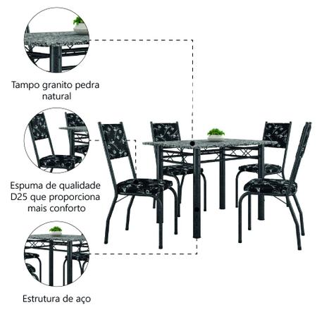 Imagem de Conjunto Sala De Jantar Mesa Tampo Granito 1,20m Com 4 Cadeiras Diana Preto / Floral Artefamol