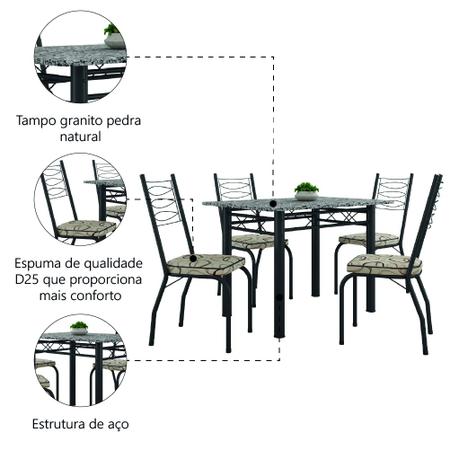 Imagem de Conjunto Sala De Jantar Mesa Tampo Granito 1,20m Com 4 Cadeiras Isis Preto / Cedro Artefamol