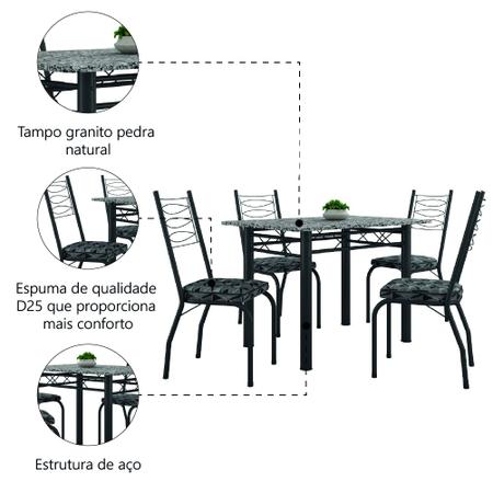 Imagem de Conjunto Sala De Jantar Mesa Tampo Granito 1,20m Com 4 Cadeiras Isis Preto / Mosaico Artefamol