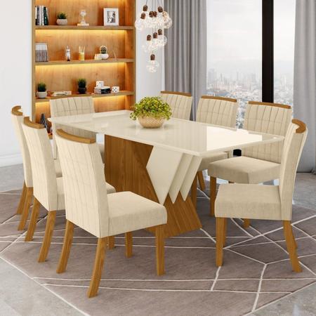 Conjunto de Mesa 10 Cadeiras Tampo MDF e Vidro Assento Estofado