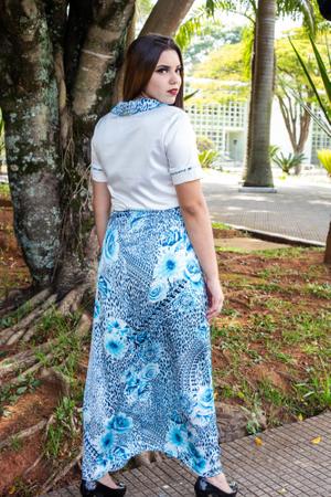 Conjunto social saia longa estampada camisa de seda m maria moda
