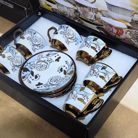 Imagem de Conjunto Xícara de Café Ouro 6 xicaras 6 pires  Porcelana Chinesa Cafezinho Expresso Para Presente