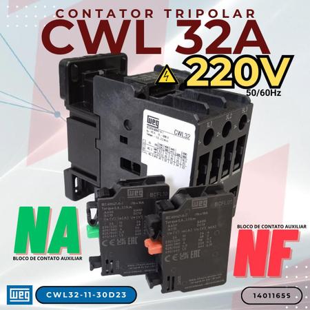 Imagem de Contator tripolar weg 32a 220v 50/60hz cwl32-11-30d23 - 14011655