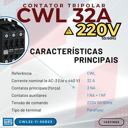 Imagem de Contator tripolar weg 32a 220v 50/60hz cwl32-11-30d23 - 14011655