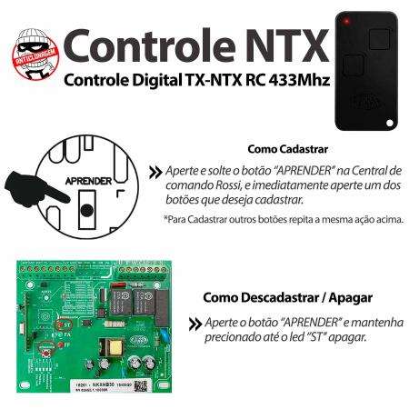 Imagem de Controle Remoto Rossi Preto para Portão Eletronico 433MHz NTX HCS