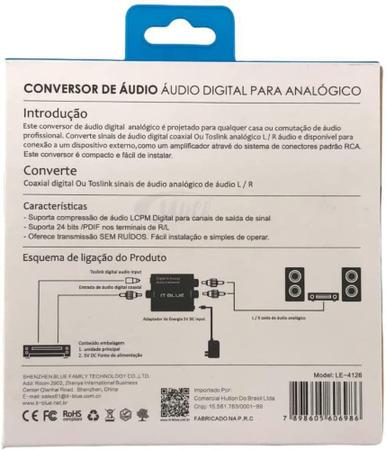 Imagem de Conversor Áudio Óptico Digital Fibra Coaxial Rca Analógico - IT BLUE