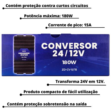 Imagem de Conversor voltagem automotivo 24v para 12v 5a/15a zd-cv5/15 rádio caminhão proteção sobrecarga curto circuito