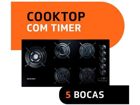 Imagem de Cooktop 5 Bocas a Gás GLP Brastemp Vidro - Touch com Timer Preto Ative! BDT85