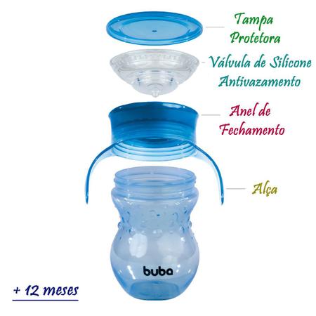 Imagem de Copo de Treinamento 360º Antivazamento com Alça 270 ml Azul Rosa Verde Buba