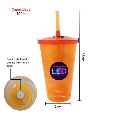 Imagem de Copo Euphoria Em Acrílico Laranja Fluorescente Com Canudo Sensor De Líquido Led Branco 700ml - 29002