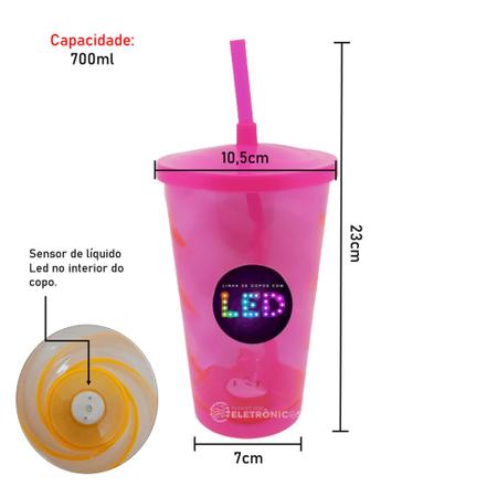 Imagem de Copo Euphoria Em Acrílico Rosa Fluorescente Com Canudo Sensor De Líquido Led Branco 700ml - 29003