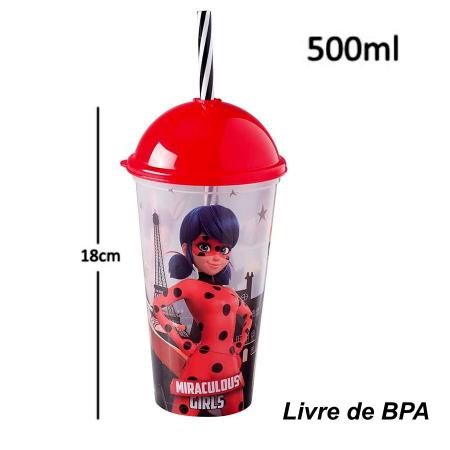 Copo Miraculous Ladybug Infantil com Canudo e Tampa 500ML Plasútil