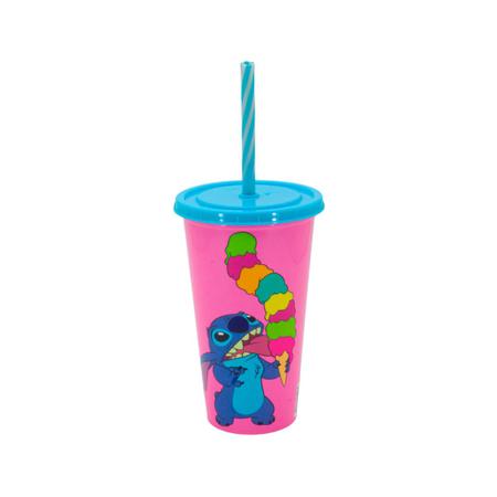 Imagem de Copo Stitch Infantil Com Canudo 500ml Mundo Geek Plasútil