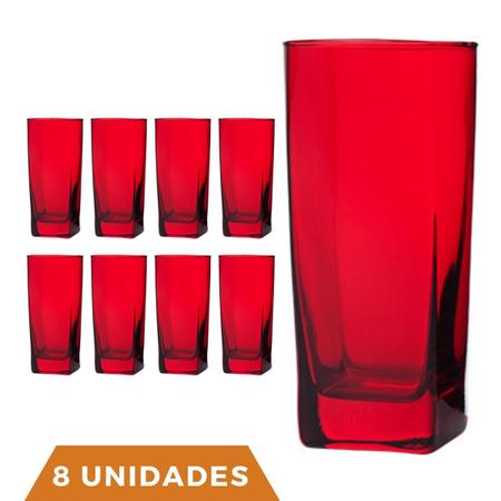 Jogo De Copos Chiques Vidro Quadrado 320ml Vermelho Luxo