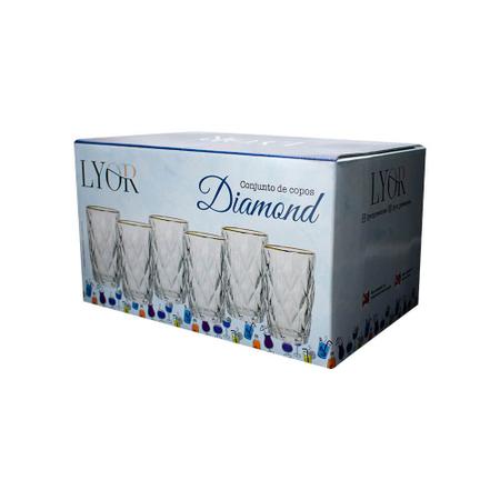 Jogo de Copos de Vidro com 6 Peças Diamond Transparente Fio de Ouro 350ml -  Lyor