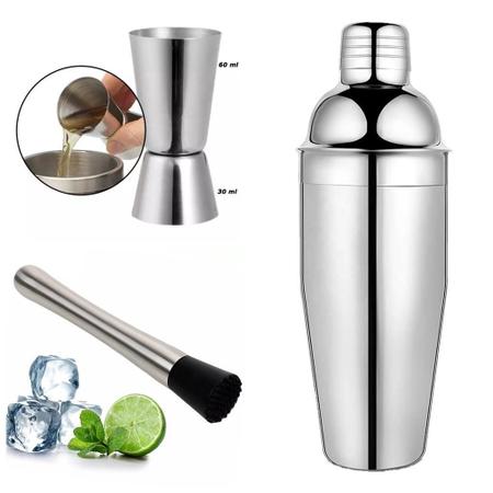 Imagem de Coqueteleira + Socador+ Dosador Inox 500Ml Caipirinha Drinks