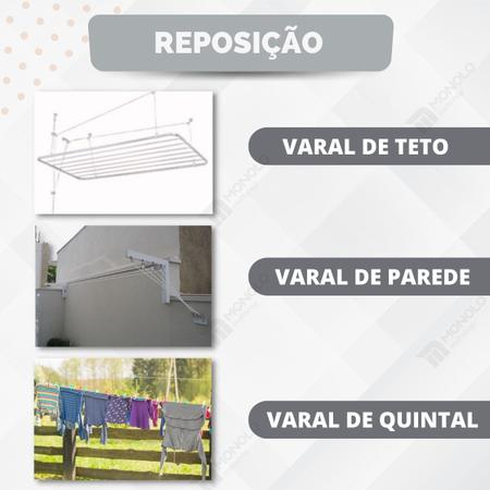 Imagem de Corda Varal Teto Apartamento Casa Quintal Reposição 15m + Peso Porta aparador prendedor Calço trava