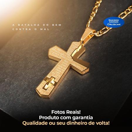 Imagem de Cordão aço banhado ouro + pingente cruz pai nosso + pulseira original casual moda masculina presente