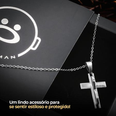 Imagem de cordão aço inox prata + crucifixo pai nosso + caixa social estiloso religioso original casual