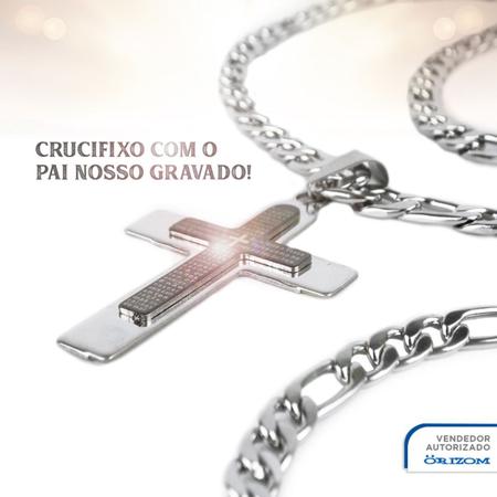 Imagem de cordão aço inox prata + pingente cruz pai nosso + pulseira religioso estiloso casual original social
