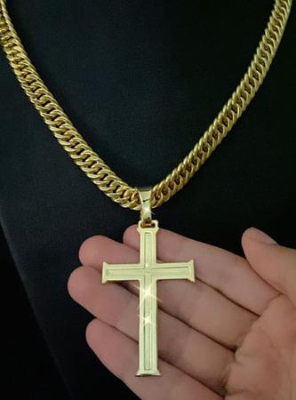 Imagem de Cordão grumet oca 10mm  + pingente cruz - banhado a ouro 18k