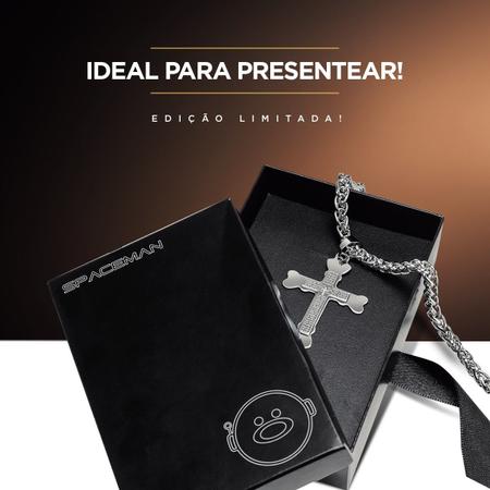 Imagem de cordão prata aço inox + pingente crucifixo pai nosso + caixa religioso casual corrente original