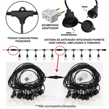 Imagem de Cordão Varal Luzes Porta-lâmpadas 10 Metros 20 Soquetes Ideal Para Varanda 61178
