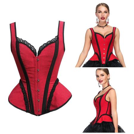 Imagem de Corpete Corset Corselet Espartilho Retro Floral Alça Vermelho