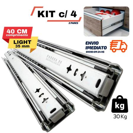 Imagem de Corrediça Telescópica 40 cm 30 Kg Trilho de Gaveta Light 35 mm