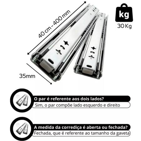 Imagem de Corrediça Telescópica 40 cm 30 Kg Trilho de Gaveta Light 35 mm