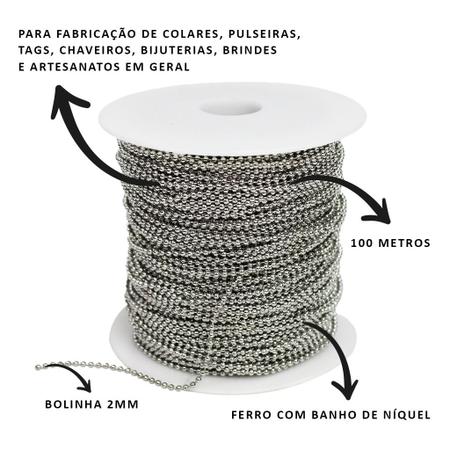 Imagem de corrente bolinha 2mm 5 metros com fecho canoa 100 unidades