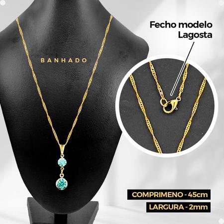 Imagem de Corrente Colar Veneziana + pingente + brincos + pulseira aço inoxidável dourada banhada strass azul