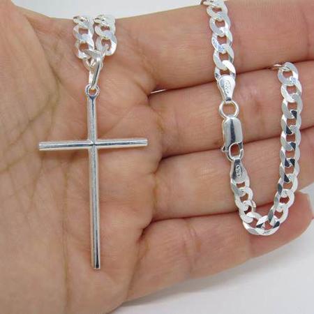 Imagem de Corrente Cordão Grumet 60cm E Pingente Cruz Crucifixo Prata 925