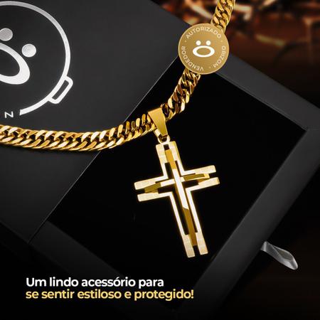 Imagem de Corrente Cordao Masculino Dourado Grosso Banhado Ouro Aço Inoxidável Grumet Pingente Cruz Religioso Original