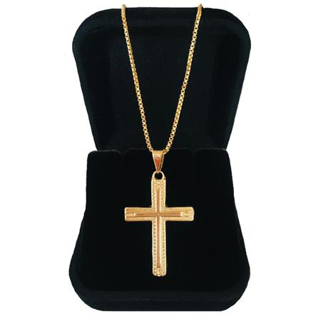 Imagem de Corrente Cordão Veneziana 60 cm Masculina Pingente Cruz Crucifixo Banhado a Ouro 18k