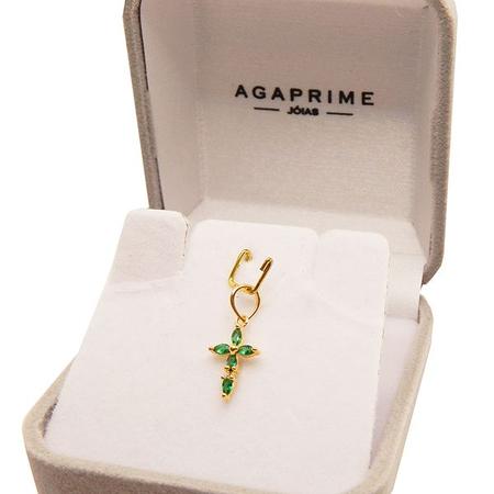 Imagem de Corrente Veneziana Com Pingente Cruz Mini Zircônias Verde Ouro 18k