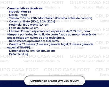 Imagem de Cortador De Grama Trapp Elétrico Com Recolhedor Wm350 220v