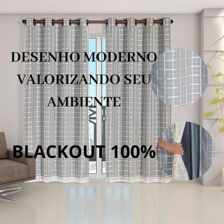 Cortina Blackout Cinza com Voil Xadrez Corta Luz 100% 2,80m x 1