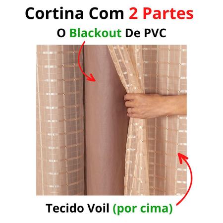 Cortina Blackout Cinza com Voil Xadrez Corta Luz 100% 2,80m x 1