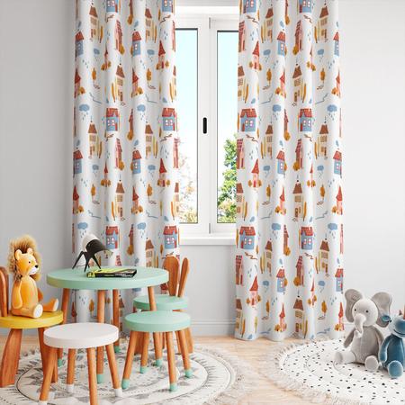 Imagem de Cortina Tecido Oxford Quarto Infantil Outono Chuva e Casinhas - 280x220cm