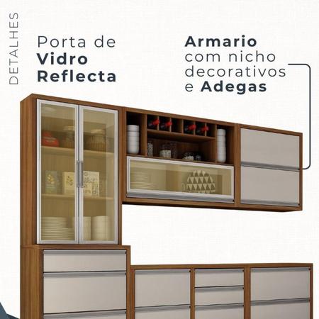 Imagem de Cozinha 5 Peças com Paneleiro, Balcão, Cristaleira e Armário Aéreo Jade Carvalho/Off White