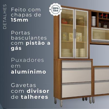 Imagem de Cozinha 5 Peças com Paneleiro, Balcão, Cristaleira e Armário Aéreo Jade Carvalho/Off White