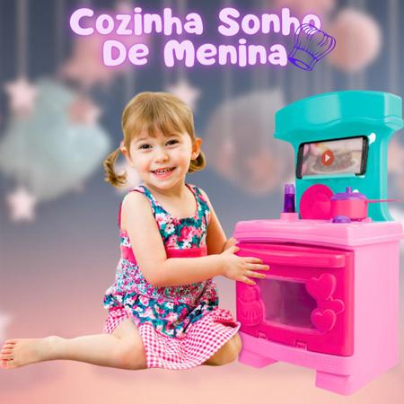 Imagem de Cozinha Com Acessórios De Brinquedo Infantil Rosa Prato Talheres Panelas Sonho De Menina Cardoso