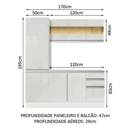 Imagem de Cozinha Compacta 100% MDF Madesa Smart 170 cm Armário, Balcão e Tampo Frentes Branco Brilho