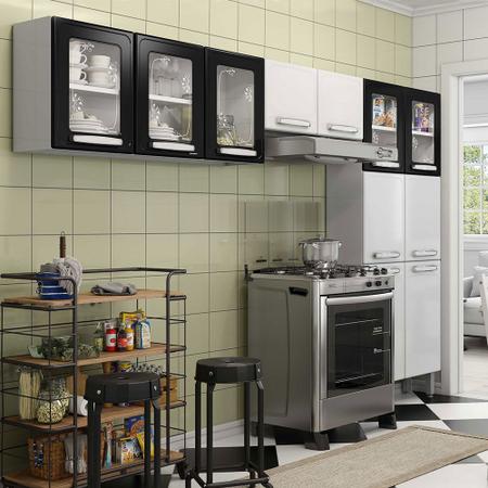 Imagem de Cozinha compacta de aço com paneleiro e armários aéreos 3 módulos Bertolini Evidence 2001 Branco e Preto