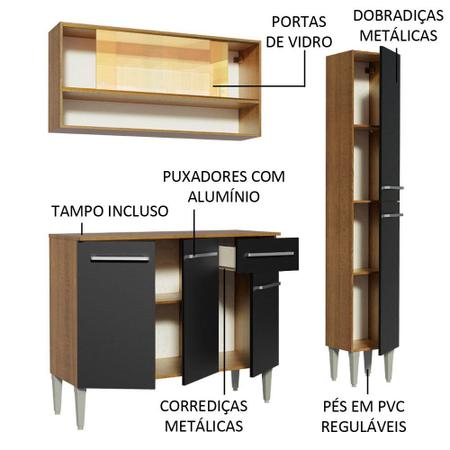 Imagem de Cozinha Compacta Madesa Emilly Art com Balcão e Armário Vidro Reflex - Rustic/Preto