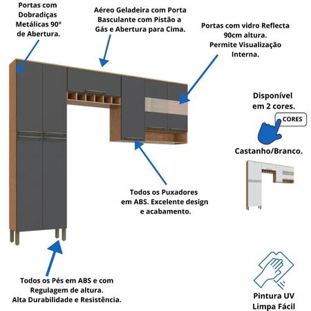 Imagem de Cozinha Compacta Nápoli Prime 3 Peças 8 Portas Armário Paneleiro Aéro Geladeira Aéreo Triplo Castanho/Branco Castanho/Chumbo 100% MDF