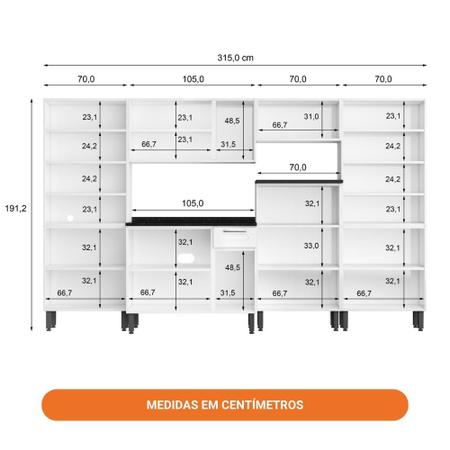 Imagem de Cozinha completa de Aço Armário 3 Portas, 2 Paneleiros, 2 Balcões e Armário Aéreo Multipla Bertolini Branco 