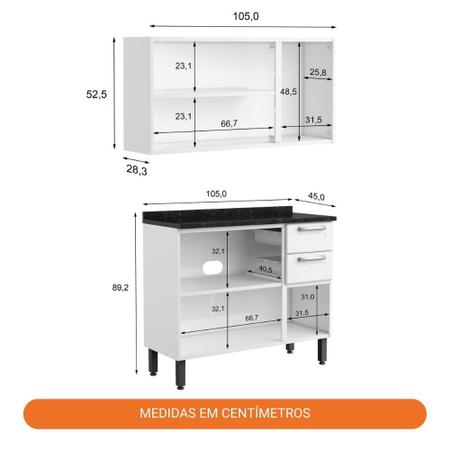 Imagem de Cozinha completa de Aço com Armário Aéreo Triplo e Balcão de Cozinha 3 Portas Multipla Bertolini Branco 